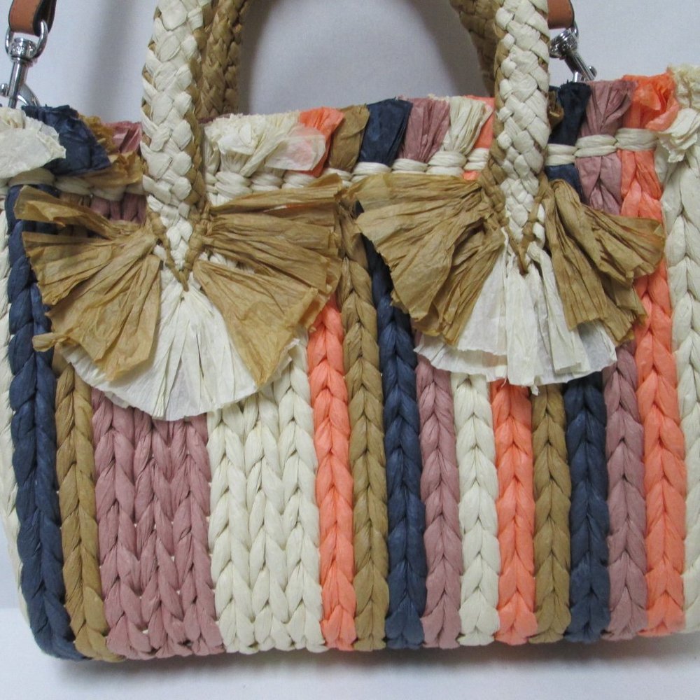 Vince Camuto Emei Woven Paper Satchel Tote Bag Purse removable strap striped NEW - Picture 6 of 14